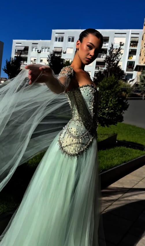 Summer Green A Line Beaded Flowy Tulle Long Prom Dress Evening Dress SH6758