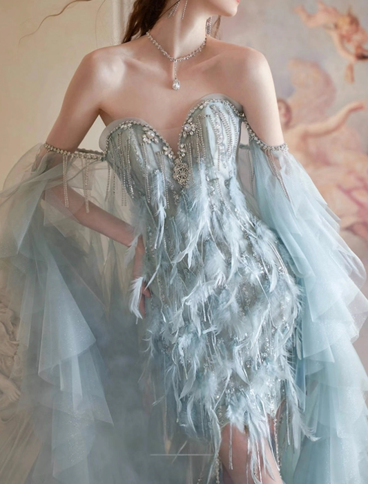 Dreamy Blue Mermaid Sweetheart Neck Feather Tulle Prom Dress Party Dress SH4079