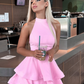 Pink A Line Halter Layered Pink Satin Open Back Short Homecoming Dress Cocktail Dress SH3173