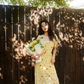 Cute A Line Puff Print Floral Lace Yellow Chiffon Summer Dress Party Dress Outfits SH4175