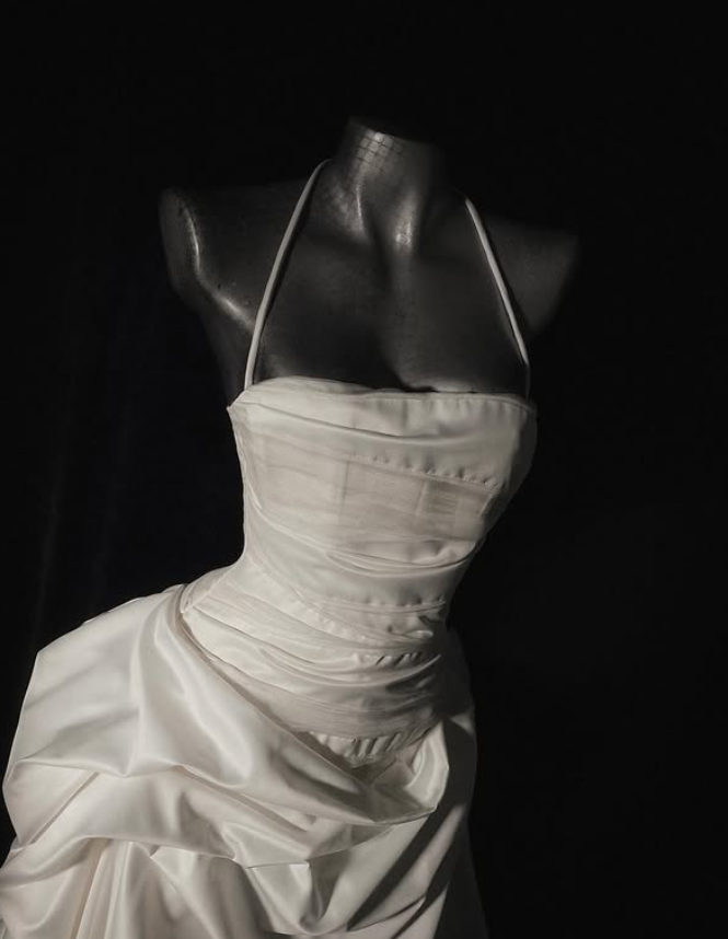 Stunning A Line Halter Pleated White Tulle Satin Long Wedding Dress SH4526