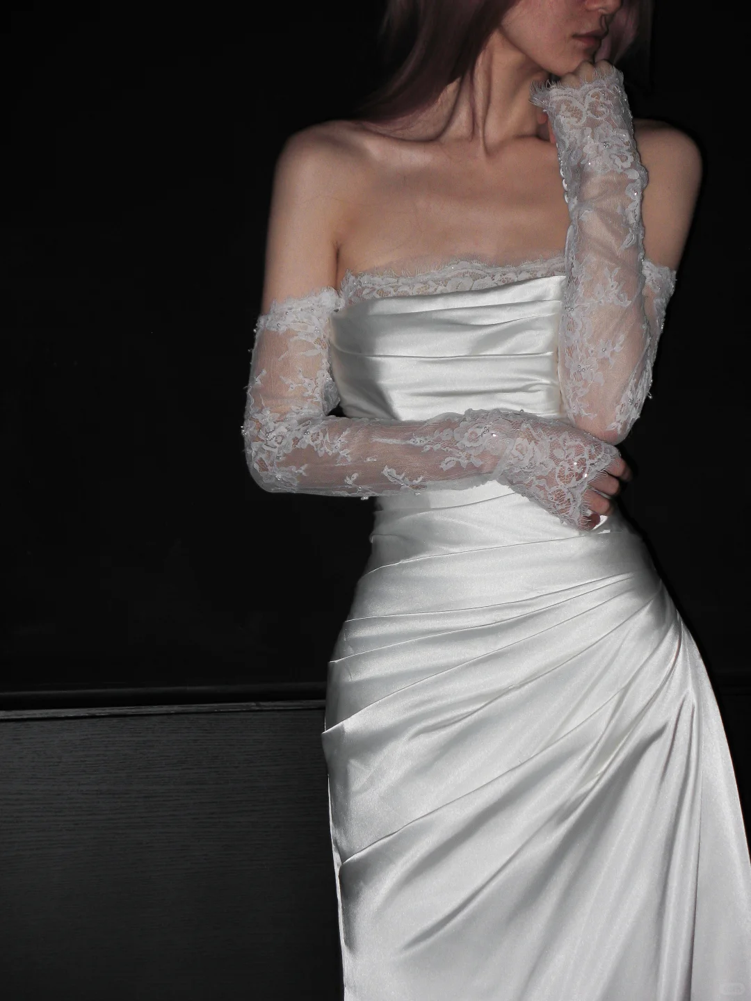 Gentle Mermaid Long Sleeve White Lace Satin Long Wedding Dress SH4714