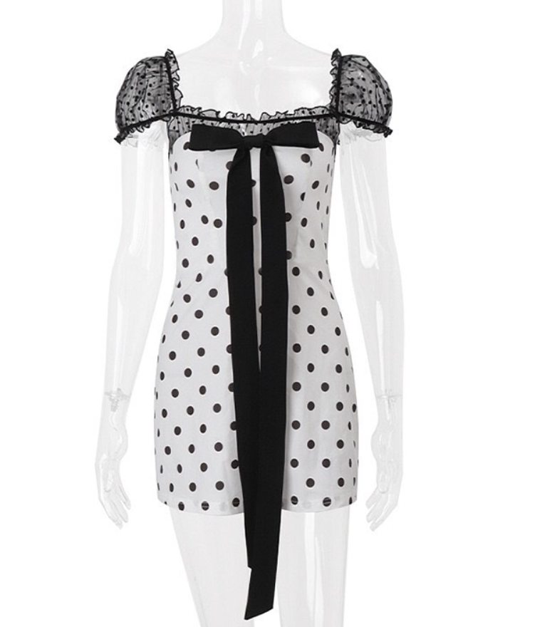 Cute Polka Dot A Line Puff Satin Mini Homecoming Dress Cocktail Dress with Bow SH3875