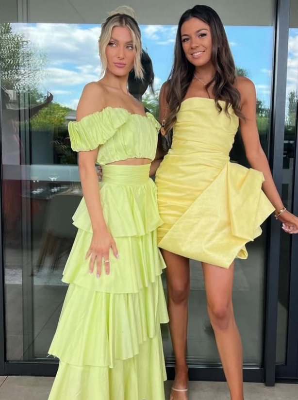 Two Piece A Line Off the Shoulder Layered Satin Long Prom Dress Outfits SH1785