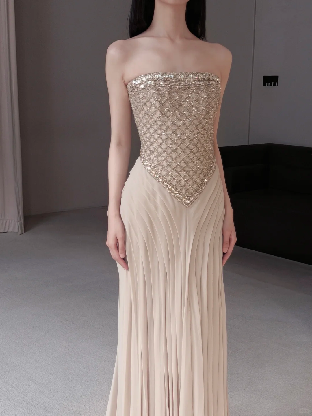 Gentle A Line Strapless Exquisite Beaded Nude Chiffon Prom Dress Evening Dress SH7717
