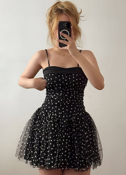 Cute A Line Spaghetti Straps Black Tulle Short Prom Dress Homecoming Dress Outfits SH6864
