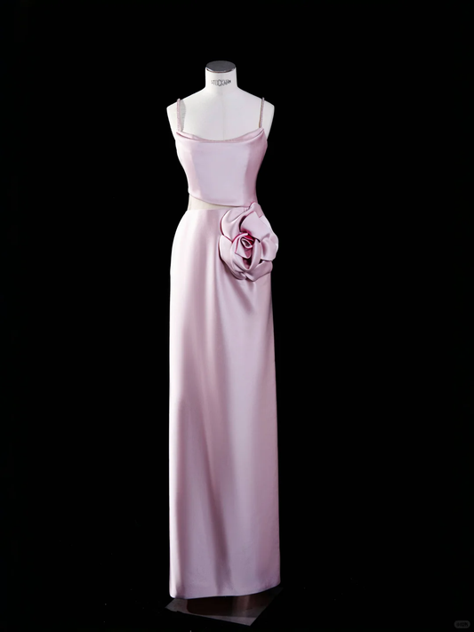 Simple Pink Sheath Spaghetti Strap Flower Satin Party Dress Evening Dress SH3375