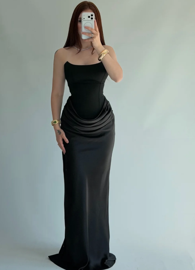 Elegant Sheath Strapless Black Satin Long Prom Dress Evening Dress SH7295