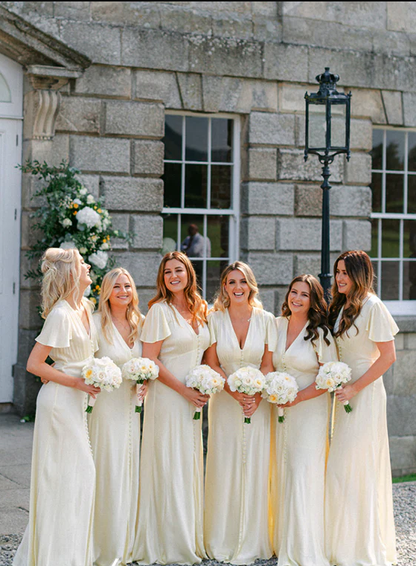 Cream V-neck Short Sleeves Column Elegant Long Bridesmaid Dresses SH5582