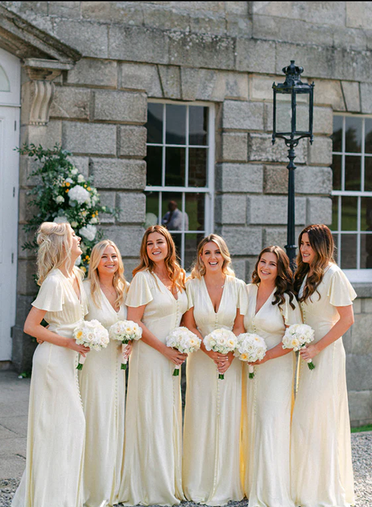 Cream V-neck Short Sleeves Column Elegant Long Bridesmaid Dresses SH5582