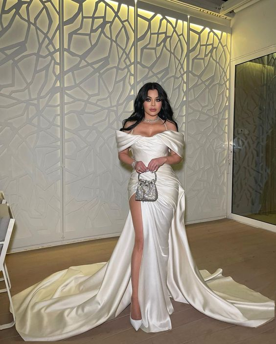 White Off The Shoulder Pleated Satin Prom Dress Formal Evening Dress SH930