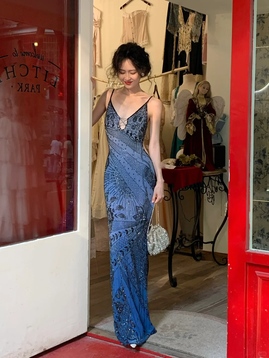 Vintage Blue Sheath Spaghetti Strap Exquisite Beaded Chiffon Prom Dress 22th Birthday Dress SH4406