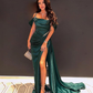Sexy Dark Green Satin Mermaid Prom Dresses 2022 Spaghetti Straps Pleats Seep Train Formal Evening Occasion Pageant Gowns SA1038