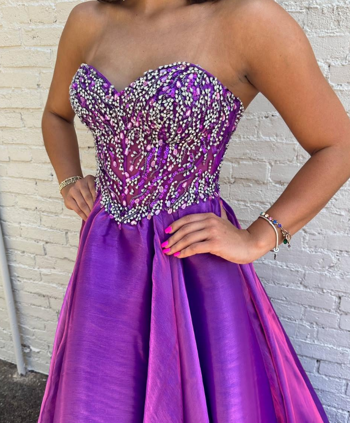 Shiny A Line Sweetheart Neck Beaded Purple Satin Long Prom Dress Evening Dress SH6803