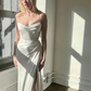 Simple Mermaid Spaghetti Strap White Satin Long Wedding  Dress SH4770