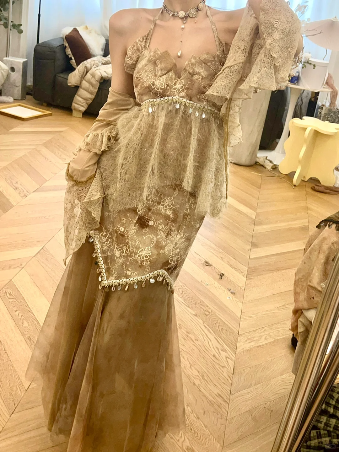Sexy Brown Mermaid Halter Beaded Lace Tulle Long Prom Dress Vacation Dress SH5017