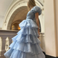 Cute Blue Tulle Tiered Hepburn Princess Prom Dress Evening Dress Ball Gown SH1234