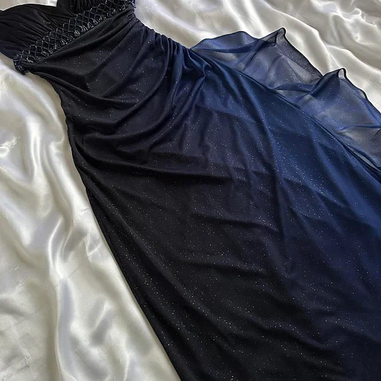 Charming A Line Spaghetti Strap Beaded Navy Blue Ombre Chiffon Party Dress Evening Dress SH2794