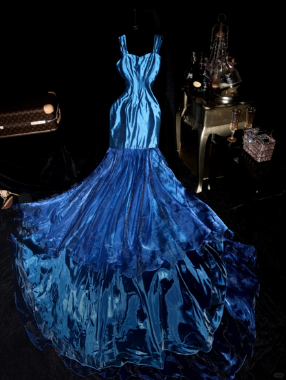 Charming Blue Mermaid Strap Organza Satin Party Dress Evening Dress SH3229
