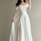 Elegant White A Line Long Sleeve Lace Satin Prom Dress Wedding Guest Dress SH5395