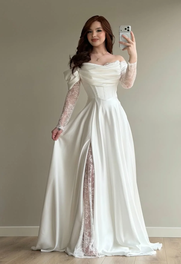 Elegant White A Line Long Sleeve Lace Satin Prom Dress Wedding Guest Dress SH5395