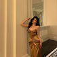 French Gold Velvet Slip Mermaid Prom Dress Long Evening Dress SH1429