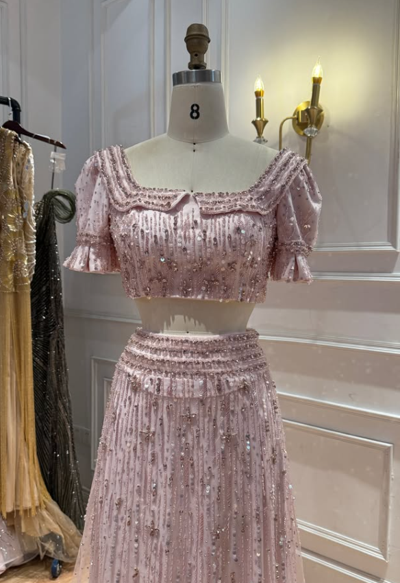 Luxurious Two Piece A Line Puff Sleeve Beaded Pink Tulle Long Prom Dress Evening Dress SH8949