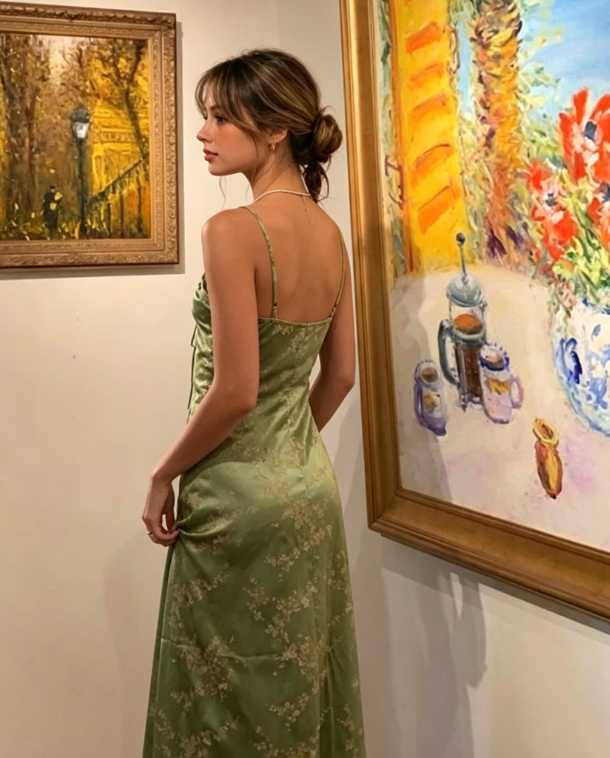 Green Vintage Printed Satin Party Dress Midi Length Formal Prom Dress  SH1246