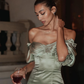 Sage Green A Line Off the Shoulder Satin Mini Homecoming Dress SH3281