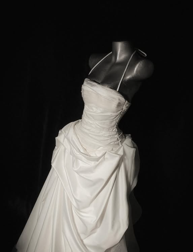 Stunning A Line Halter Pleated White Tulle Satin Long Wedding Dress SH4526