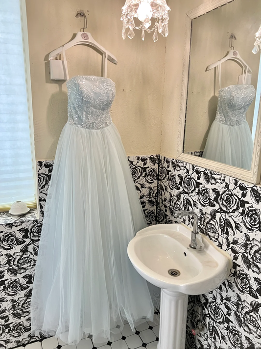 Baby Blue A Line Strapless Beaded Tulle 18th Birthday Dress Prom Dress SH3847
