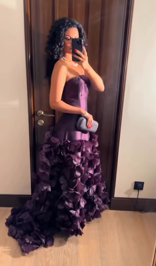 Elegant A Line Strapless Floral Purple Satin Prom Dress Evening Dress SH4692