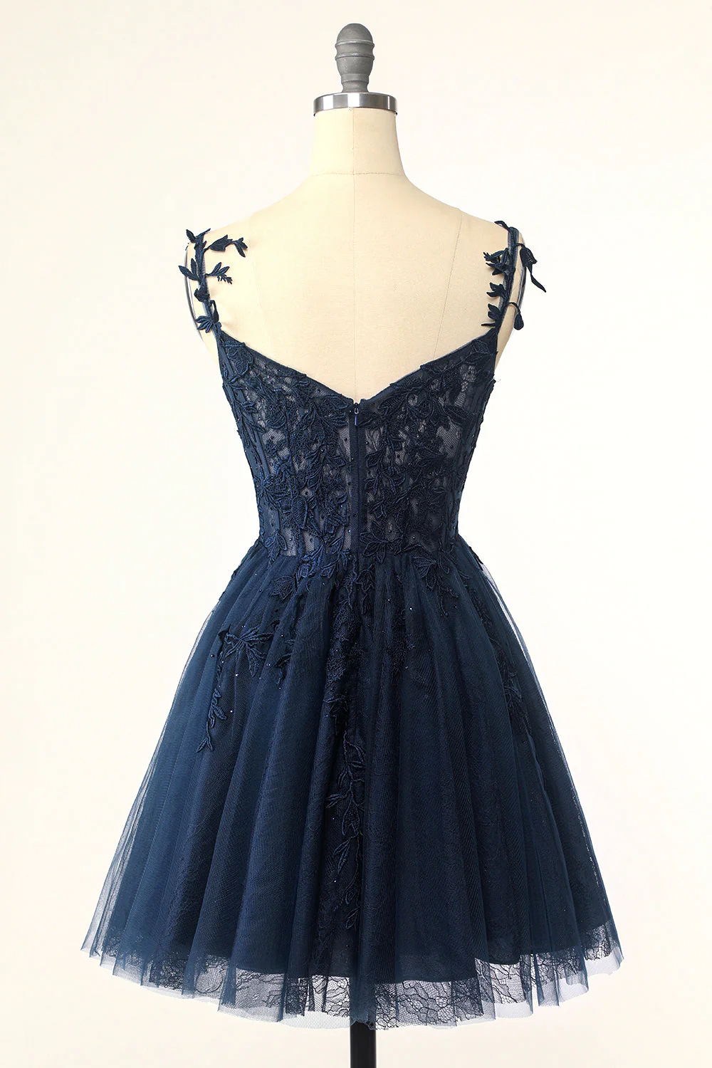 Navy Blue Spaghetti Straps Short Homecoming Dress With Appliques SH577