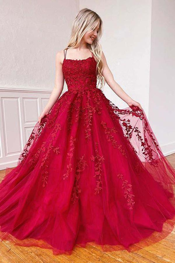 Simple Spaghetti Straps A-Line Lace Appliques Tulle Long Prom Dress KS7930