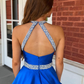 Royal Blue Ball Gown Halter Beaded Satin Long Prom Dress Evening Dress SH6583