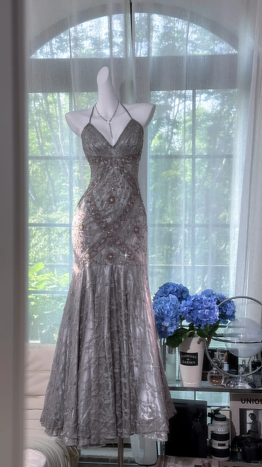 Vintage Grey Mermaid Spaghetti Strap Beaded Lace Prom Dress 22th Birthday Dress SH4415