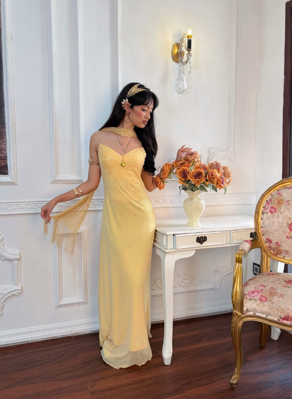 Yellow Vintage A Line Straps Exquisite Beaded Chiffon Prom Dress Graduation Prom Dress SH5489
