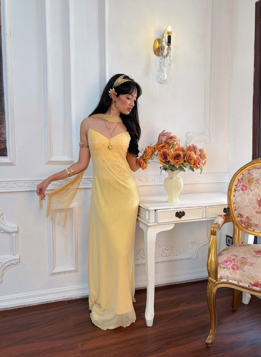 Yellow Vintage A Line Straps Exquisite Beaded Chiffon Prom Dress Graduation Prom Dress SH5489