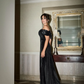 Sexy Black Sheath Off the Shoulder Lace Satin Prom Dress Evening Dress SH5529