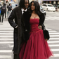 Burgundy A Line Strapless Bow Tulle Long Prom Dress Wedding Guest Dress SH4805
