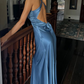 Blue Sheath Halter Bow Satin Open Back Prom Dress Graduation Prom Dress SH2586