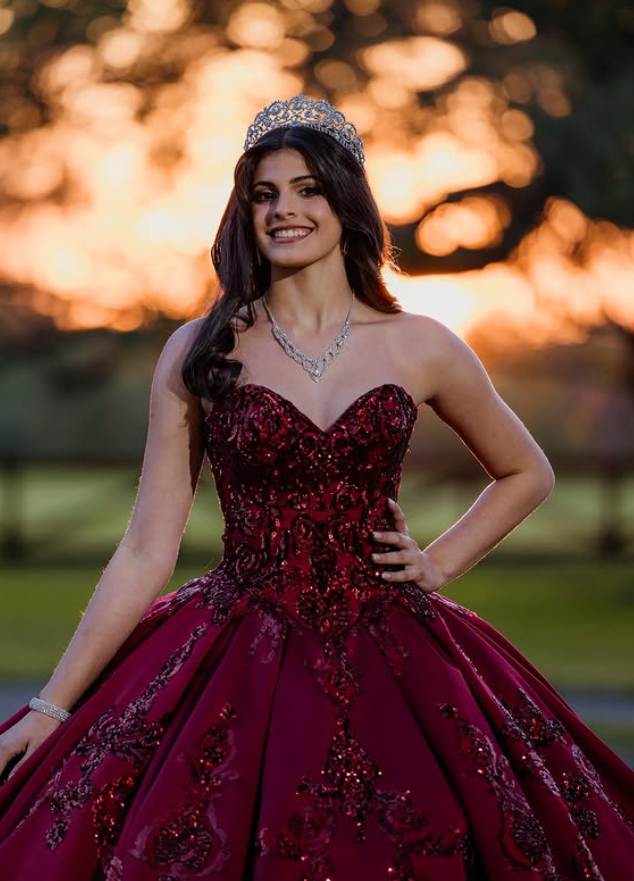 Burgundy Satin Beaded Applique Long Prom Dress Quinceanera Dress Ball Gown SH5184