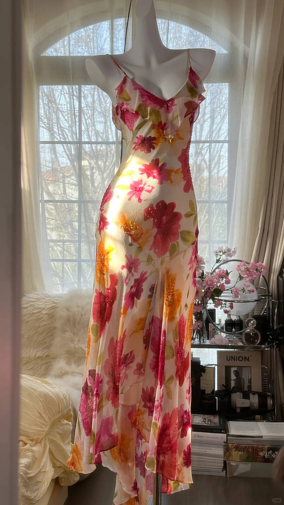 Flowy Mermaid Spaghetti Strap Print Flower Beaded Chiffon Party Dress ...