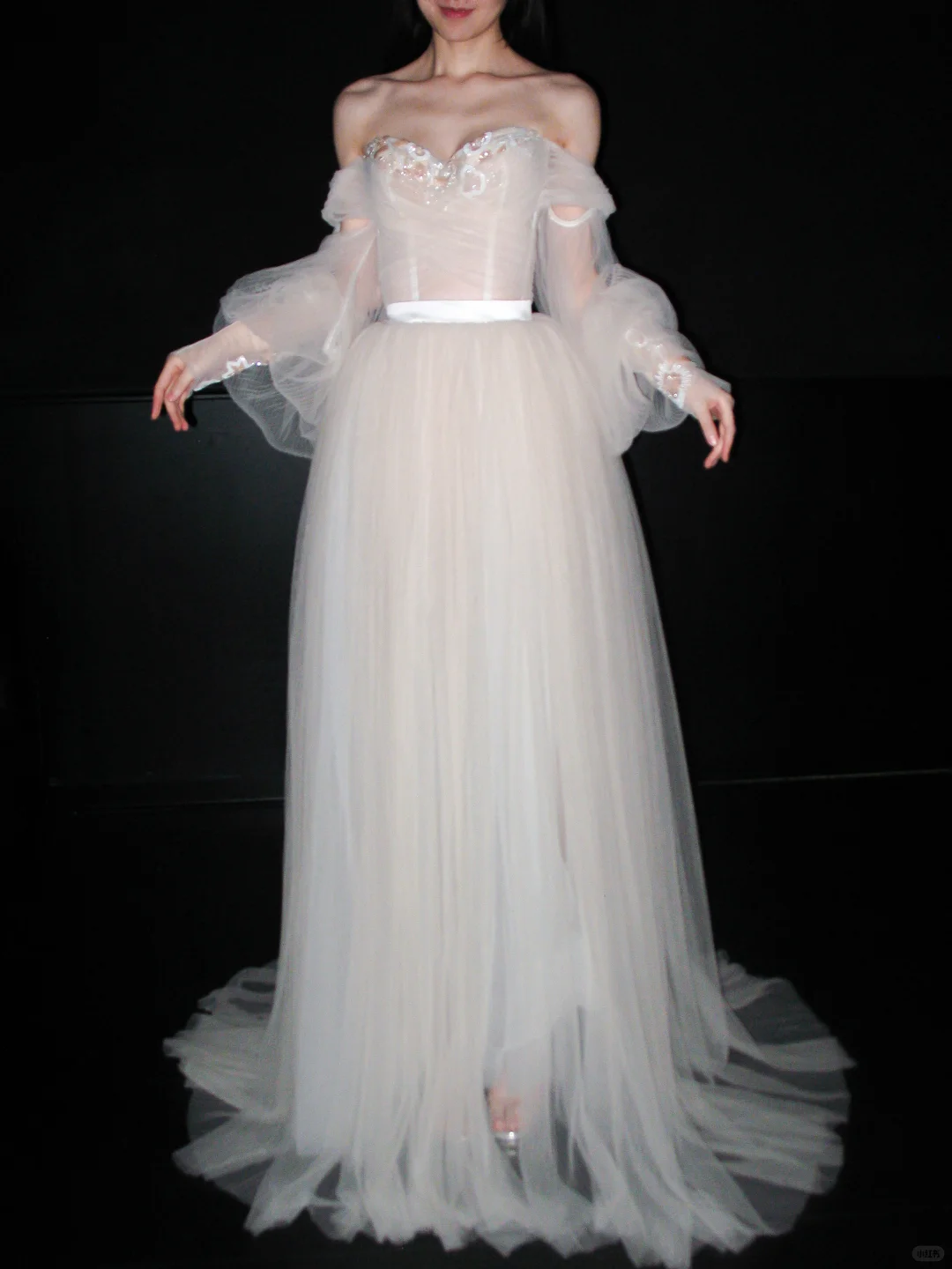 Dreamy A Line Long Sleeve Beaded Tulle Long Prom Dress Wedding Dress SH6611