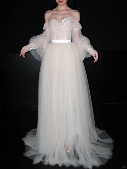 Dreamy A Line Long Sleeve Beaded Tulle Long Prom Dress Wedding Dress SH6611