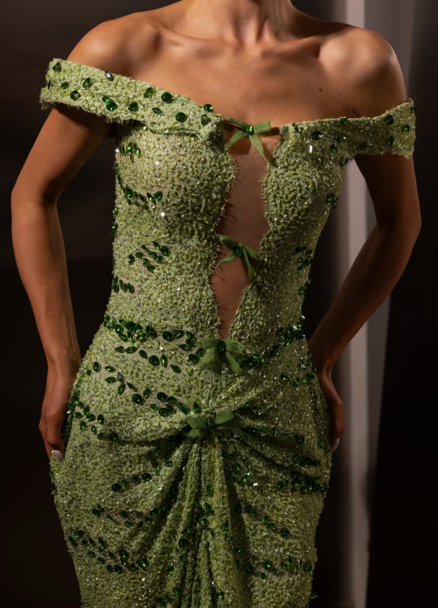 Stunning Green Sheath Off the Shoulder Rhinestone Lace Prom Dress Evening Dress SH6550