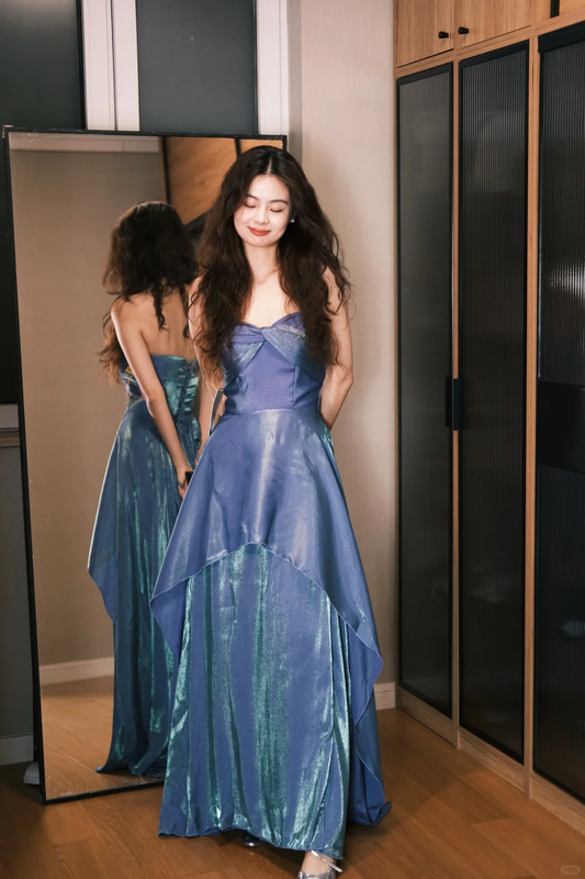Stunning Blue Sweetheart Neck Satin Long Prom Dress Formal Gown SH4188