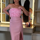Pink Sheath Strapless 3D FLower Satin Prom Dress Evening Dress with Slit SH2120