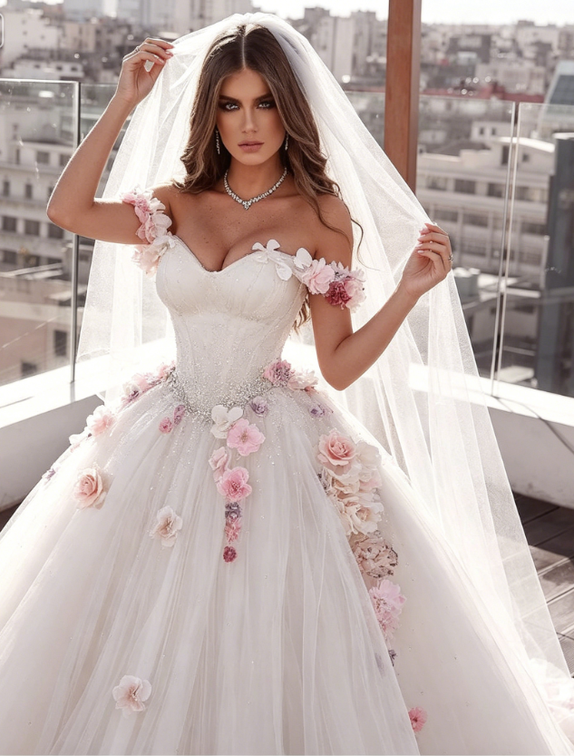 Off Shoulder Tulle Ball Gown Wedding Dresses Floral Flowers Beaded P5461