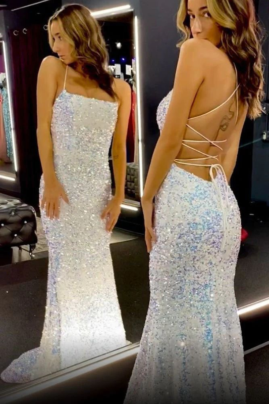 Glitter Sequin Long Backless  Party Evening Dresses Mermaid Sparkly Prom Dresses SH772